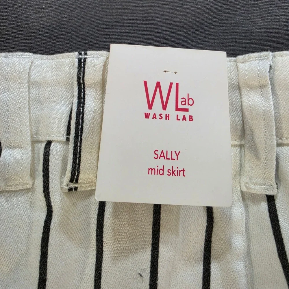 Wash Lab Denim Sally Asymmetrical Skirt 27 Black White Dtriped Midi NWT Raw Hem